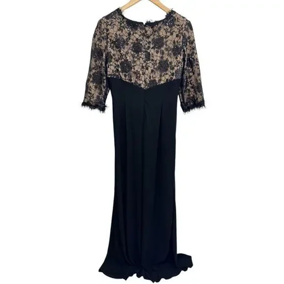 R&M Richards Gown Size 10 Black Beige Lace 3/4 Sleeve Maxi Front Slit Sequined
